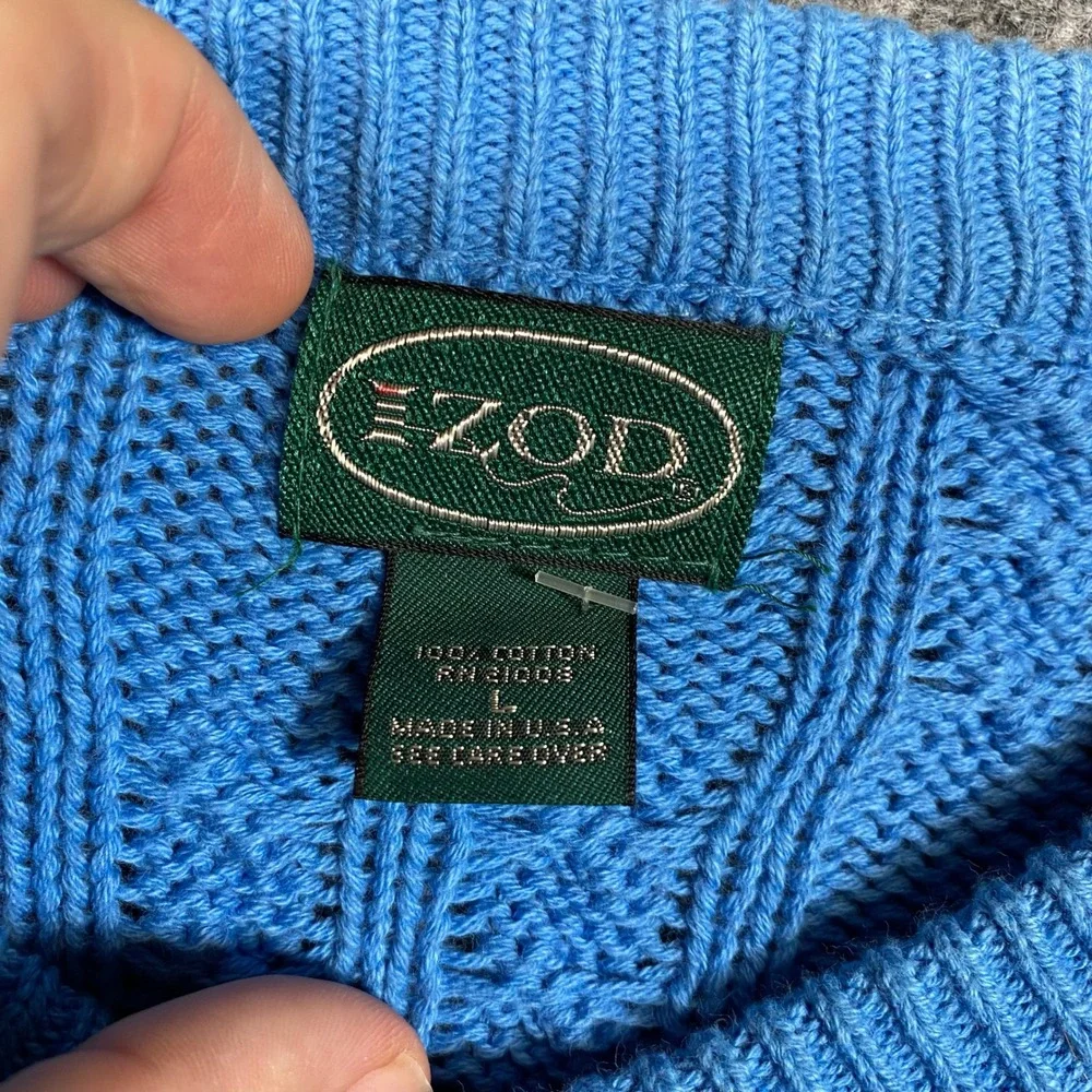 Izod Mens Cable Knit Sweater Bright Blue Crewneck Cotton Pullover Large USA Made